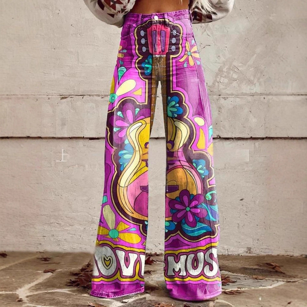 3D-printed Retro Sunflower Guitar Art-style Womens Wide-leg Flared Denim Jeans